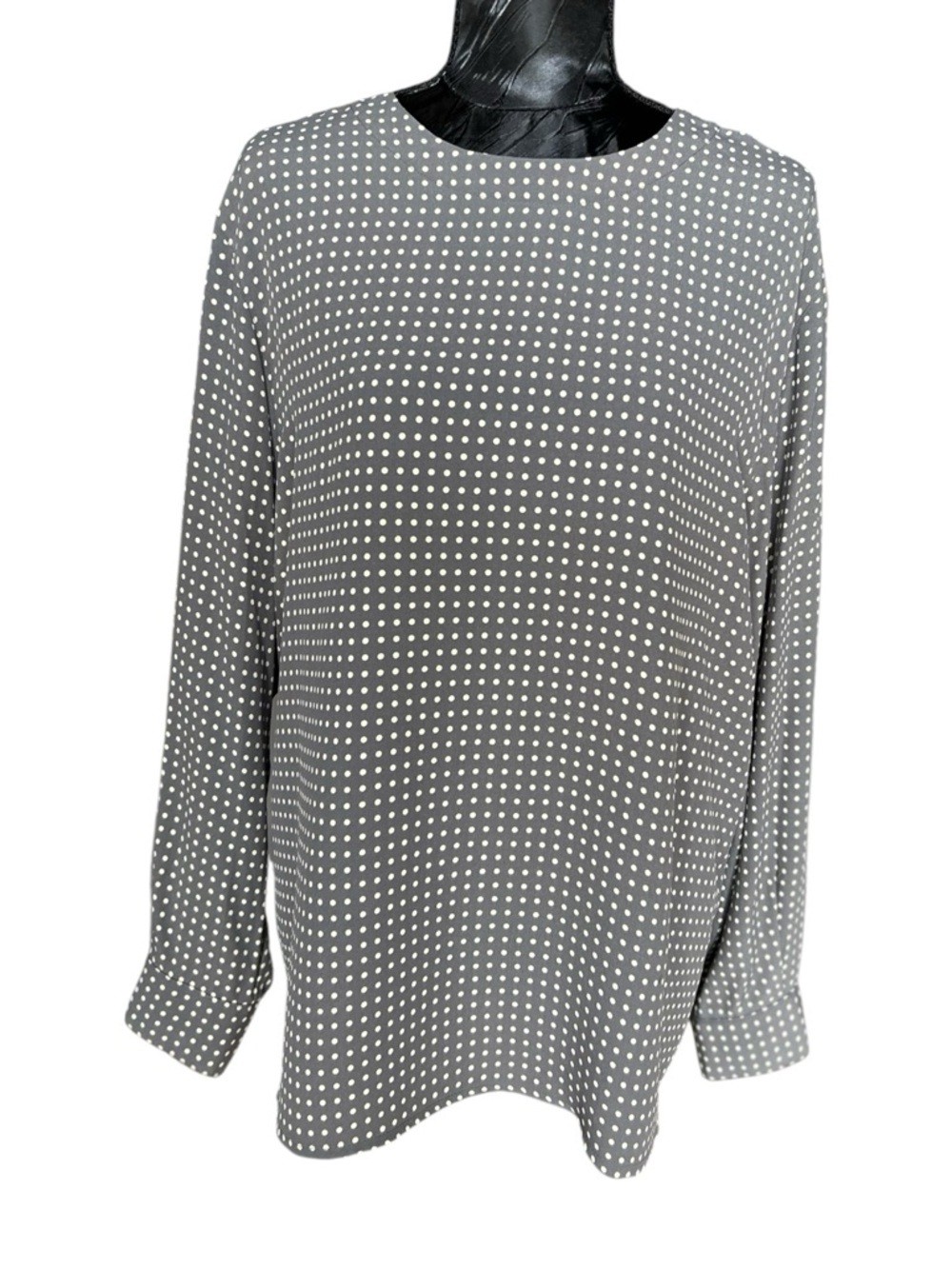 Jones New York Blouse Womens 14 Gray Polka Dot Rayon Long Sleeve
